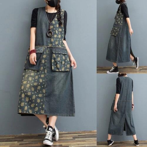 Sleeveless Denim Dress Women Big Size Big Pockets Loose Retro Jean A-Dress Casual Vintage V Neck Vestidos Baggy Cowboy dresses