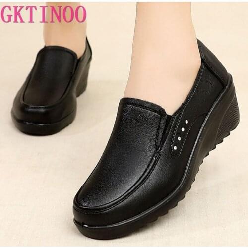 GKTINOO 2021 Spring Autumn New Womens Single Shoes Wedges Soft Sole Comfortable Large Size Mothers Leather High Heels Shoes