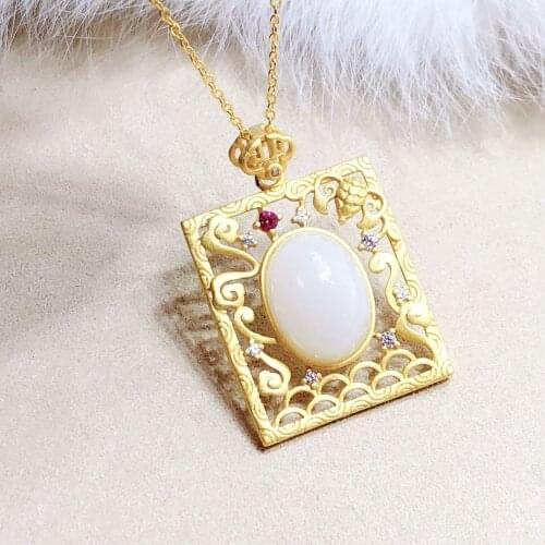 Natural Hetian White Jade Egg Noodle Hollow Pendant Necklace Chinese Style Retro Unique Ancient Gold Craft Female Silver Jewelry