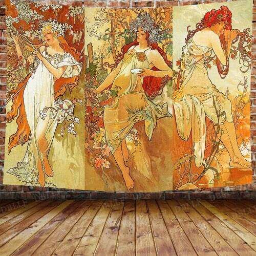 Hompon Medieval Optimized Style Tapestry Artwork Vintage Alphonse Mucha Autumn Paris Fall Nouveau Vineyard Flirt