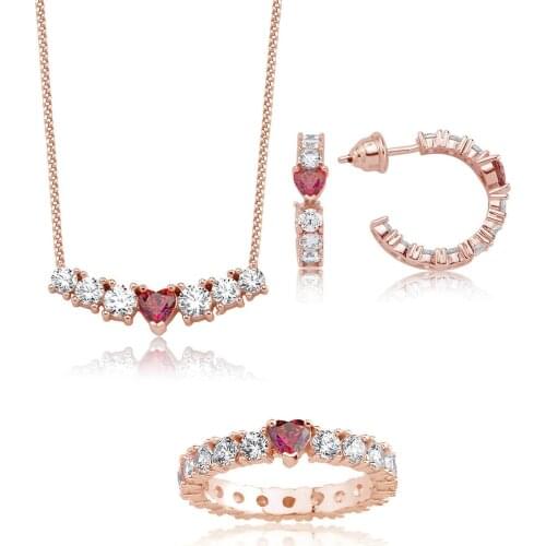 Valori Jewels 6 Carat, Zirconia Red Heart And White Round Gemstone, Rose Gold Plated, Sterling Silver Trio Set