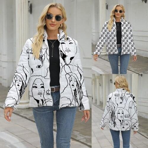 New Womens Cotton Jacket Ladies Winter Cotton Jacket Printing Long Sleeved Casual Straight Type Jacket Warm Cotton Coat Women