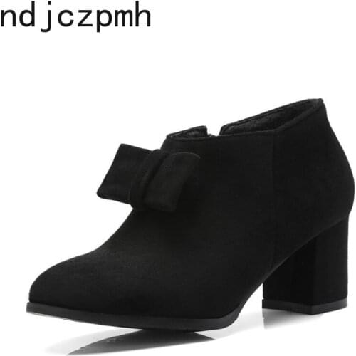 The New Women Shoes Winter Bow Fashion Flock Pointed Zipper Thick Heel Mid Heel Heel Height 6cm Ankle Boots Plus Size 34-48