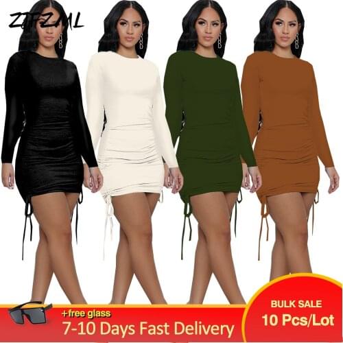 Bulk Items Wholesale Lots Womens Ruched Drawstring Mini Dresses Fall Autumn Full Sleeve Bandage Elastic Slim Fit Party Dress