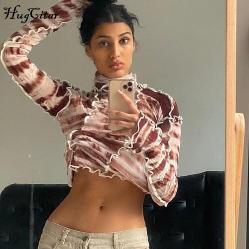 Hugciter 2020 Tie Dye Long Sleeve High Neck Sexy Tops Autumn Winter Women Fashion Streetwear Y2K Tshitrs