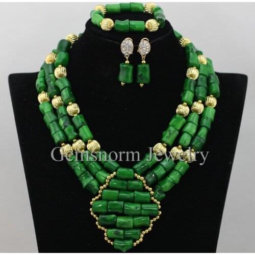 Wonderful Green Nigerian Coral Beads Bridal Jewelry Set Dubai Gold Coral Bridesmaid Necklace Jewelry Free Shipping CNR389