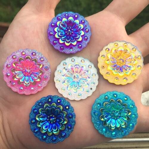 DIY 30mm round flower shaped AB resin rhinestone, sewn in dress decoration party decorated button flat back-32pcs/lot