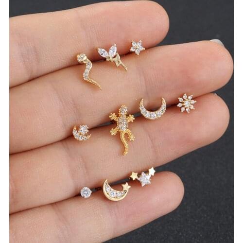 Hot Fashion Stainless Steel Ear Stud Jewelry Screw Back Cz Snake Lizard Gecko Flower Moon Cartilage Helix Conch Piercing Earring