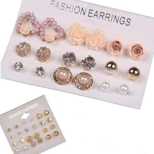 6/9/12Pairs/Set Womens Pearl Flower Crystal Studs Earrings Girls Elegant Rose Flower Heart Ear Jewelry Gift