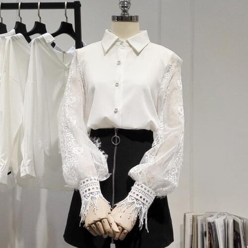 Chiffon Lace Patchwork Blouse For Women Elegant White Blouse Ladies Streetwear Korean Style Long Sleeve Shirt Top