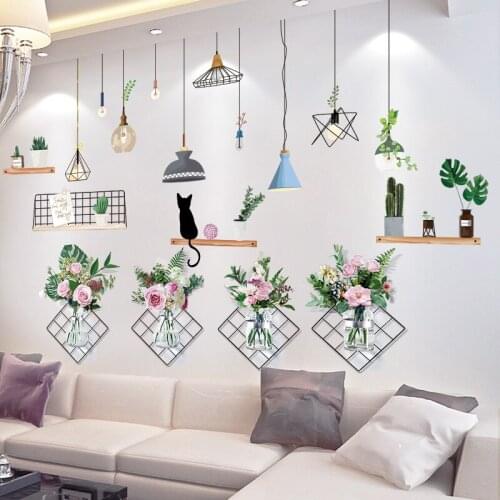 [shijuekongjian] Chandeliers Lights Wall Stickers DIY Flowers Plants Mural Decals for Living Room Kitchen House Decoration