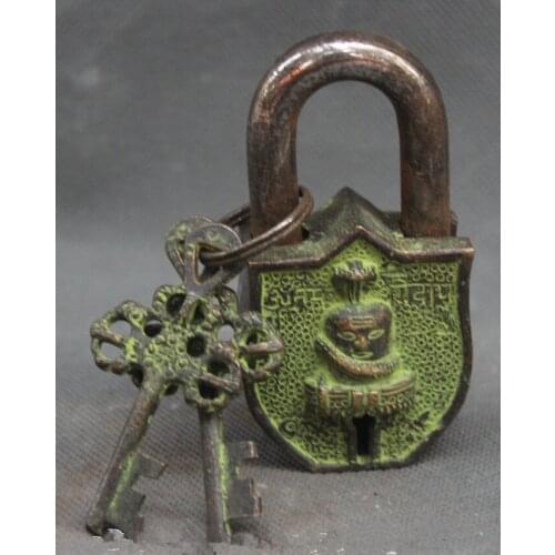 Old Tibet Buddhism Bronze Snake Naga Kanya Buddha Head Folk Home Lock Key Set