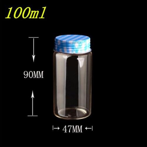 10pcs 47x90 mm 100ml Glass Bottles Silicone Stopper Blue Metal Screw Cap Leak Proof Bottles Empty Glass Sealed Containers