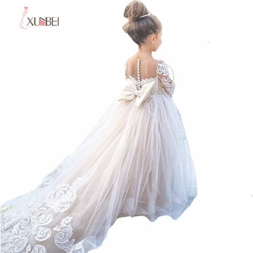 Xunbei 2-14 Years Lace Tulle Flower Girl Dress Bows Childrens First Communion Dress Princess Ball Gown Wedding Party Dress