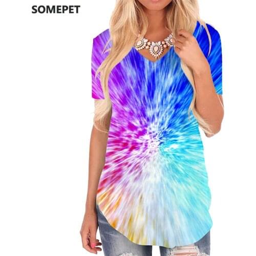SOMEPET Psychedelic T-shirt women Colorful Tshirts Printed Shine V-neck Tshirt Harajuku Shirt Print Womens Clothing Hip hop Cool