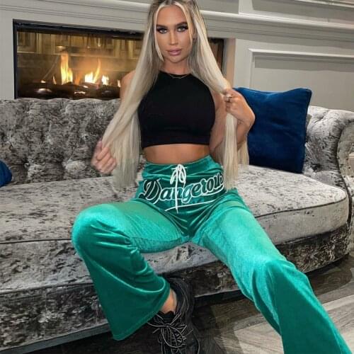 Womens Velvet Sports Pants Green Wide Leg Sweatpants Loose Track Jogging Solid Color Tie Wrap Trousers Casual 2021 Fashion