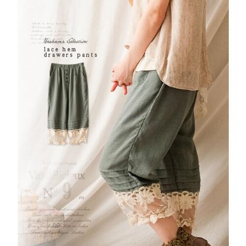 Summer new style multi-pocket button decoration elastic waist Mori womens cotton pants lace stitching cropped trousers