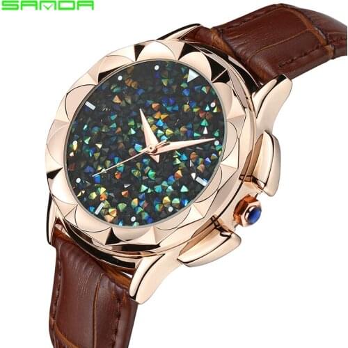 2018 Stylish Bling Colorful Dial Ladies Elegant Bracelet Wrist Watch Genuine Leather Quartz Fashion Sanda 217 Luxury Women Watch
