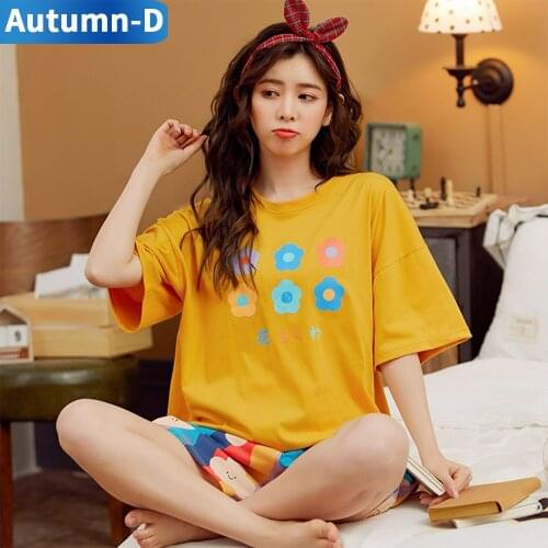 Womens Pajamas Summer Short Sleeve Suit Plus Size Cotton Cartoon Print Sleepwear Shorts Cute Casual Round Neck Girl Pyjamas