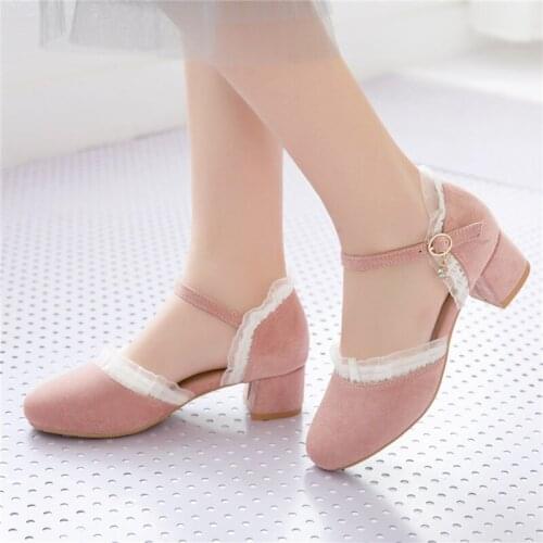 Woman Pumps Medium Heel Dress Shoes Round Toe Buckle Strap Block Heel Wedding Shoes Zapatos Mujer Pink Beige Black Size 41 42 43