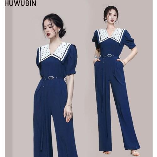 New Summer Korean Womens High-End Temperament Doll Collar Professional Slim High Waist Straight Tube Waist Fashion Jumpsuit
