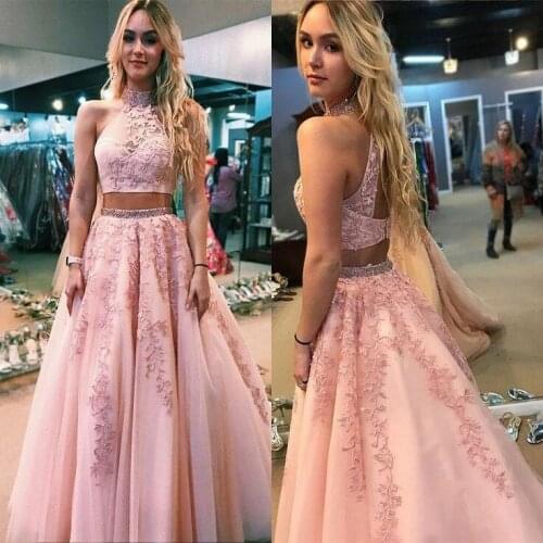 Vintage A-Line Halter Long Pink Lace Evening Dresses Two Pieces Tulle Floor Length Open Back Formal Party Dresses for Women