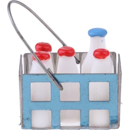 1/12 Dollhouse Miniature Milk Bottles and Metal Basket Room Decoration Funiture Accessories