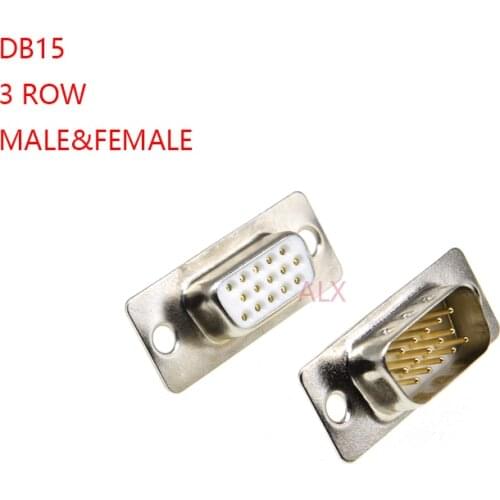 1PCS 3U Gold Plated Solid Pin DB15 3 ROW MALE FEMALE VGA CONNECTOR Solder Type D-Sub 15pin Adapter 15P