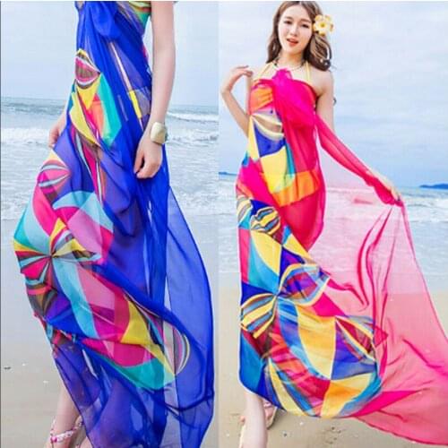 2021 Women Cover-Ups Hot Sale Flower Print Women Sexy Chiffon Bikini Cover Up Beach Swimwear Dress Scarf Pareo Sarong Wrap