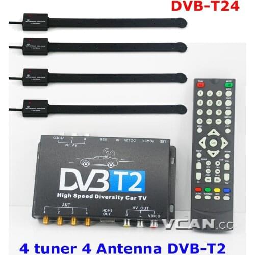 4 Antenna Car DVB-T2 DVB-T Four Tuner Digital TV Receiver HD diversity 25db amplifier Active Antenna STB Box DVB-T24 high speed