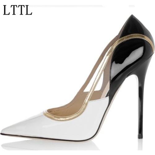 No logo! Women White Black Leather Gold Trim High Heels Classic Mixed Colors Women Pumps beautiful Pointed Toe High Heels Shoes
