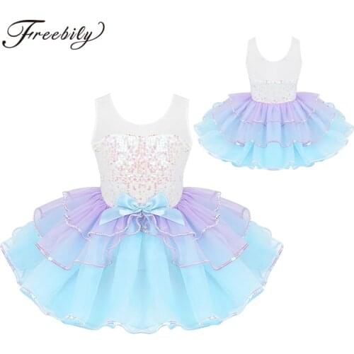 Kids Girls Shiny Sequins Bowknot Mesh Splice Dancewear Gymnastics Leotard Tutu Ballet Dress Stage Performance Costume