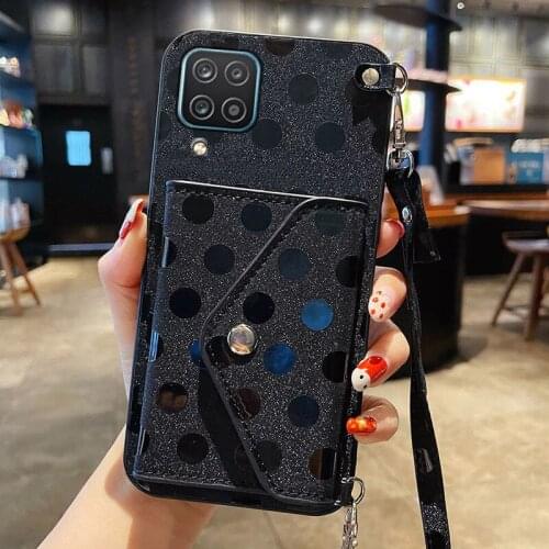 For Samsung A12 Case leather Lanyard Necklace Strap wallet Cord Chain Cover Bumper Capa On Galaxy A12 A42 5G M12 A60 Phone Cases