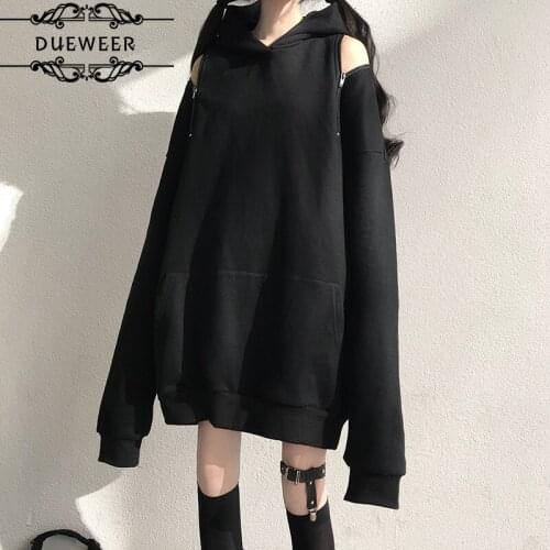 Dueweer Hoodies Sweatshirts Womens With Hat Harajuku Zipper Hole Stylish Streetwear Cool Girls Loose Casual Trendy Solid Chic