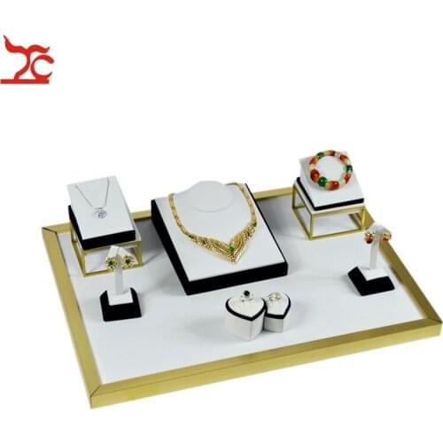 Fine Stainless Steel Jewelry Display Showcase White PU Ring Earring Organizer Necklace Bust Pendant Display Stand Set52*38*15cm