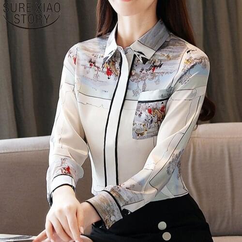 Korearn Fashion Clothing 2021 Spring Elegant Print Shirt Slim Long Sleeve Top WomenTops Blusas Mujer Chiffon Ladies Tops 8526 50