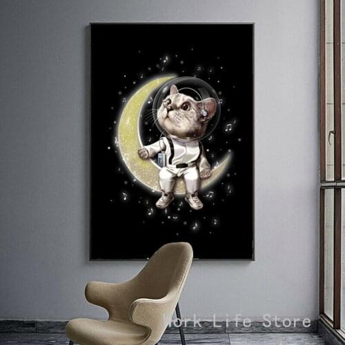 Cosmic Sci-Fi Animal Cute Cat Posters and Prints Canvas Paintings Wall Art Moon stars Pictures for Kid room Bedroom Decor