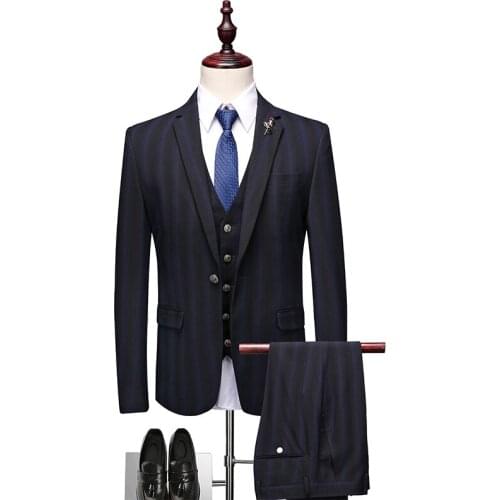 3-piece Suit Men England Style Striped Suit Set Business Work Formal Clothing Gentleman Wedding Dress Slim Fit Suit Grey Black