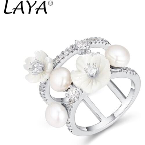 Laya 925 Sterling Silver Summer Hot Style Jewelry High Quality Zirconium Natural Shell Flower Freshwater Pearl Ring For Women