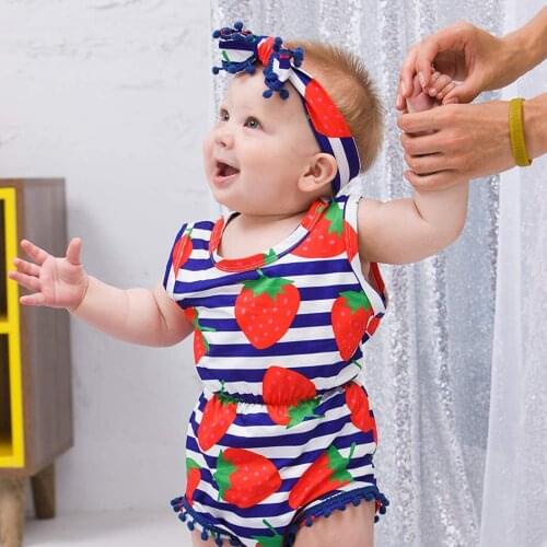 Summer Baby Rompers Sleeveless Toddler Kids Boys Girls Strawberry Printed Jumpsuits + Headband Sets Casual Outfits Costume 0-3y