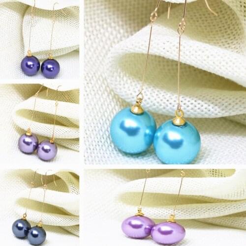 Fashion wholesale price candy color multicolor 14mm round shell pearl long dangle earring female custume beauty jewelry B1793