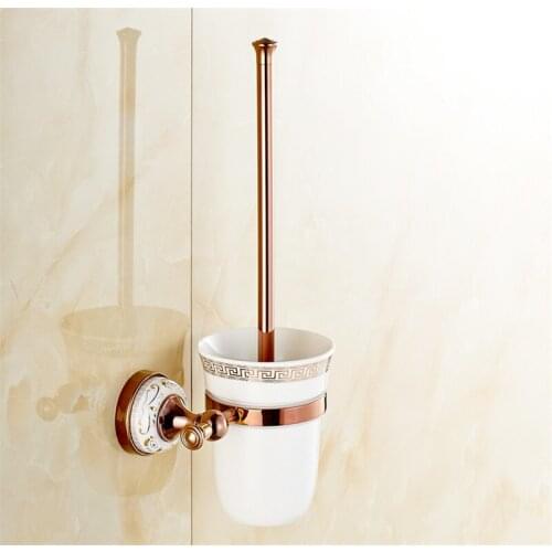 Toilet Brush Holder Wall Mounted Copper Toilet Brush Rack Lavatory Brush Holder Ceramic Bathroom Cleaning Tools Set Rose gold