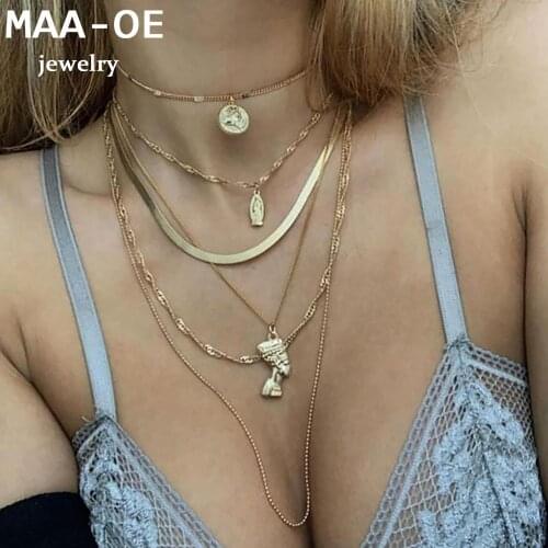 New Vintage Fashion Multilevel Gold ColorNecklaces For Women Maria Pharaoh Head Pendant Necklace 2020 Female Boho Jewelry