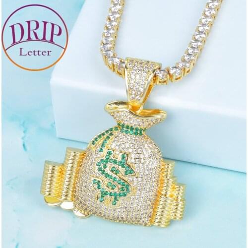 Stack Iced Cash Coins Money Bag Pendant Necklace Charm Mens Hip Hop Plated Jewelry