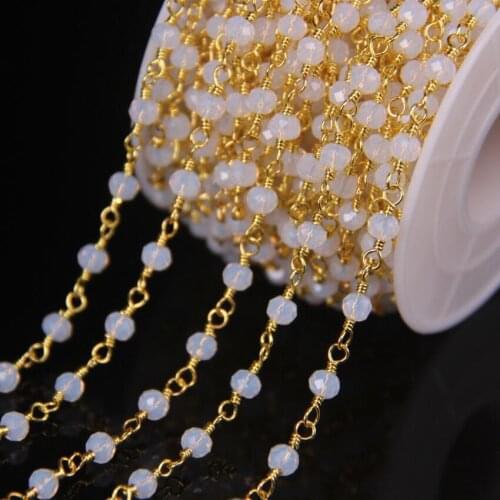 5Meter 3x4mm Opal Glass Wire Wrapped Gold Plated Brass Rosary Chain,Crystal Glass Faceted Rondelle Bead Link Chain DIY Necklaces