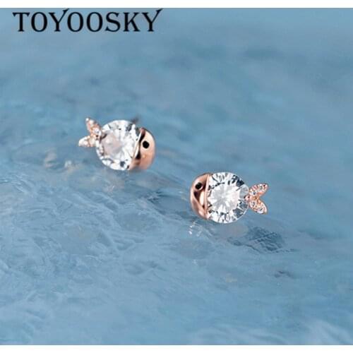 925 Sterling Silver Dazzling Zircon Fish Stud Earrings Birthday Party Earring For Girl Daughter Kids Lovely Jewelry