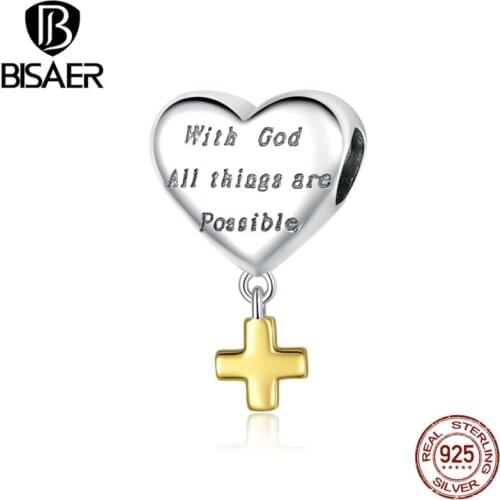 BISAER Love Cross Charms 925 Sterling Silver Enamel Heart-Shaped Beads Making Pendants For Bracelets Necklace Jewelry DIY EFC309