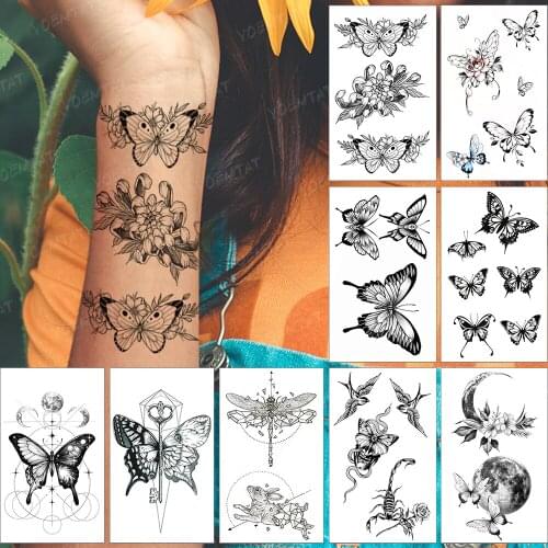 Waterproof Temporary Tattoo Sticker Butterfly Wing Flower Black Flash Tatoo Waist Back Woman Man Child Realistic Body Art Tatto