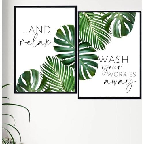 Wash Your Worries Away and Relax Quote Wall Art Canvas Print And Poster Bathroom Leaf Prints Canvas Painting Home Decoration