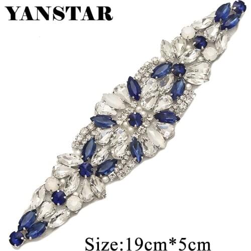 YANSTAR(10pcs) Bridal Sash Silver and blue Crystal Rhinestones Appliques Iron On For Wedding Dress Sash YS934B